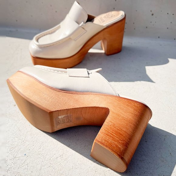 NEW Penny Loafer Wooden Platform Heel Clog Mules Shoes Chunky Off White Bone - Picture 7 of 16